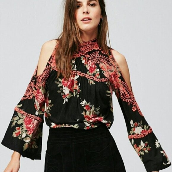 Free People Embroidered Bell Sleeve Cold Shoulder Top - Picture 2 of 4